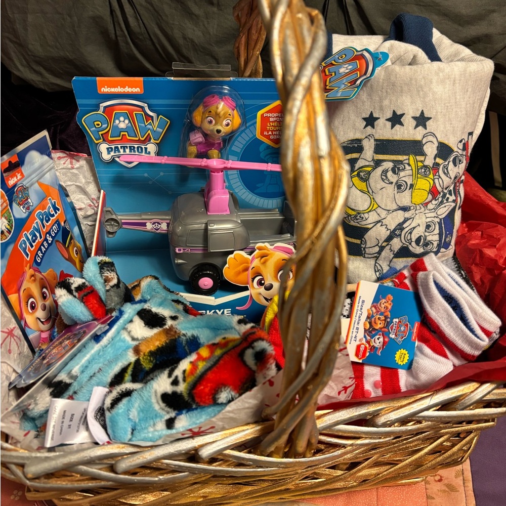 PAW Patrol goodie basket w/ Skye Helicopter, robe, outfit, socks, and play pack!